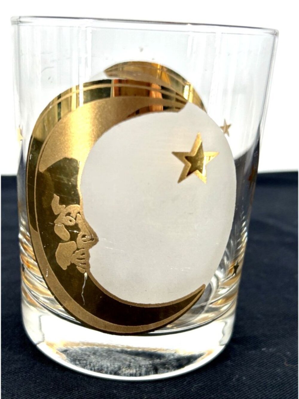 Culver Cosmos Celestial Crescent Man in Moon Stars Cocktail Glass Low Ball Vtg